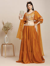 Orange & Gold Flared Poly Silk Lehenga Set – V-Neck – Floral Embroidered
