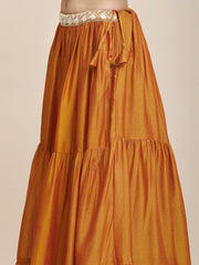 Orange & Gold Flared Poly Silk Lehenga Set – V-Neck – Floral Embroidered