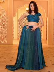 Teal Flared Polyester Lehenga – Square Neck – Sequinned Embellished