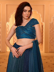 Teal Flared Polyester Lehenga – Square Neck – Sequinned Embellished