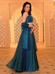 Teal Flared Polyester Lehenga – Square Neck – Sequinned Embellished