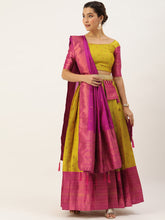 Mustard & Pink Woven Design Art Silk Lehenga – Boat Neck – Zari Work