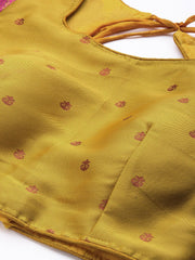 Mustard & Pink Woven Design Art Silk Lehenga – Boat Neck – Zari Work
