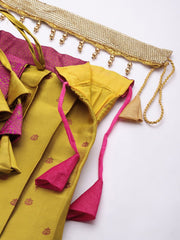Mustard & Pink Woven Design Art Silk Lehenga – Boat Neck – Zari Work