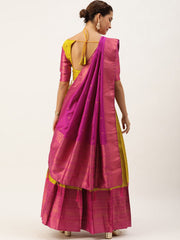 Mustard & Pink Woven Design Art Silk Lehenga – Boat Neck – Zari Work