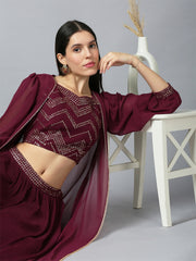 Maroon Khari Printed Poly Georgette Crop Top & Lehenga Set – Sweetheart Neck – Sequins Embroidered