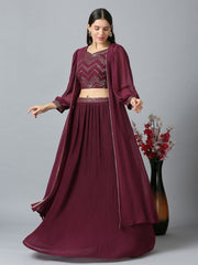 Maroon Khari Printed Poly Georgette Crop Top & Lehenga Set – Sweetheart Neck – Sequins Embroidered