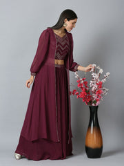 Maroon Khari Printed Poly Georgette Crop Top & Lehenga Set – Sweetheart Neck – Sequins Embroidered