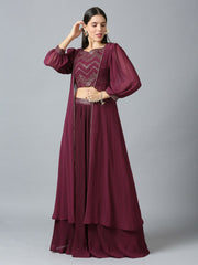 Maroon Khari Printed Poly Georgette Crop Top & Lehenga Set – Sweetheart Neck – Sequins Embroidered