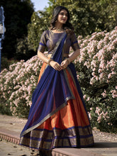 Orange & Navy Blue Flared Silk Blend Lehenga Set – Boat Neck – Zari Woven Design