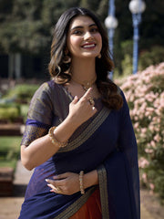 Orange & Navy Blue Flared Silk Blend Lehenga Set – Boat Neck – Zari Woven Design