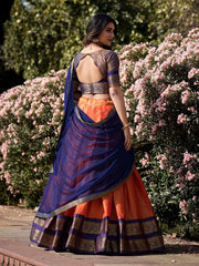 Orange & Navy Blue Flared Silk Blend Lehenga Set – Boat Neck – Zari Woven Design
