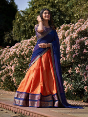 Orange & Navy Blue Flared Silk Blend Lehenga Set – Boat Neck – Zari Woven Design