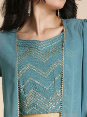 Teal & Gold Embellished Georgette Lehenga Choli Set – V-Neck – Ethnic Jacket