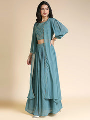 Teal & Gold Embellished Georgette Lehenga Choli Set – V-Neck – Ethnic Jacket