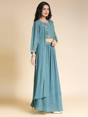 Teal & Gold Embellished Georgette Lehenga Choli Set – V-Neck – Ethnic Jacket