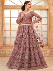 Pink & Silver Flared Satin Lehenga – V-Neck – Beads and Stones Embellished