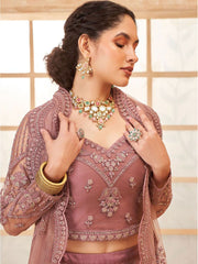 Pink & Silver Flared Satin Lehenga – V-Neck – Beads and Stones Embellished