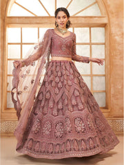 Pink & Silver Flared Satin Lehenga – V-Neck – Beads and Stones Embellished