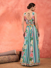 Blue & Pink Printed Poly Georgette Lehenga Set – V-Neck – Flared Hem