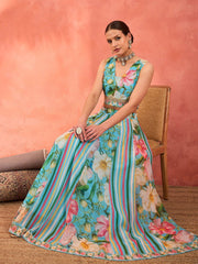 Blue & Pink Printed Poly Georgette Lehenga Set – V-Neck – Flared Hem