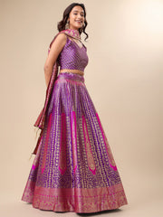 Magenta & Gold Flared Art Silk Lehenga – V-Neck – Zari Woven Design