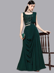 Green Flared Poly Georgette Lehenga Set – Round Neck – Sequinned Embroidered