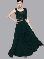 Green Flared Poly Georgette Lehenga Set – Round Neck – Sequinned Embroidered