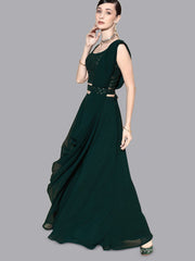 Green Flared Poly Georgette Lehenga Set – Round Neck – Sequinned Embroidered