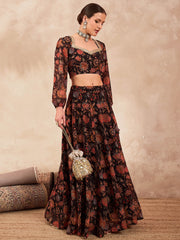 Black & Orange Printed Poly Georgette Lehenga Set – Square Neck – Flared Hem