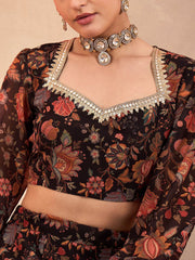 Black & Orange Printed Poly Georgette Lehenga Set – Square Neck – Flared Hem