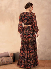 Black & Orange Printed Poly Georgette Lehenga Set – Square Neck – Flared Hem