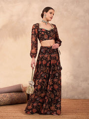 Black & Orange Printed Poly Georgette Lehenga Set – Square Neck – Flared Hem