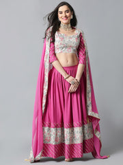 Pink & Green Floral Printed Viscose Rayon Lehenga Set – Round Neck – Gotta Patti