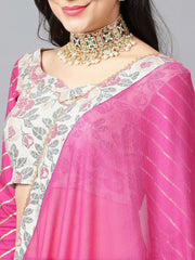 Pink & Green Floral Printed Viscose Rayon Lehenga Set – Round Neck – Gotta Patti