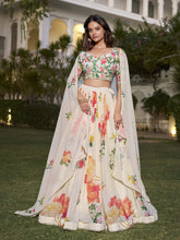 White & Green Printed Silk Georgette Lehenga – V-Neck – Flared Hem