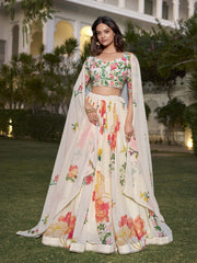 White & Green Printed Silk Georgette Lehenga – V-Neck – Flared Hem