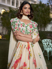 White & Green Printed Silk Georgette Lehenga – V-Neck – Flared Hem