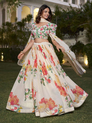 White & Green Printed Silk Georgette Lehenga – V-Neck – Flared Hem