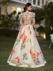 White & Green Printed Silk Georgette Lehenga – V-Neck – Flared Hem