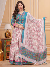 Blue & Pink Flared Cotton Lehenga Set – V-Neck – Block Print