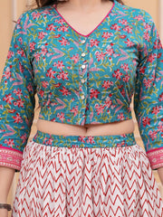 Blue & Pink Flared Cotton Lehenga Set – V-Neck – Block Print