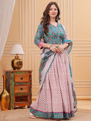 Blue & Pink Flared Cotton Lehenga Set – V-Neck – Block Print
