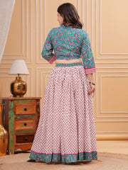 Blue & Pink Flared Cotton Lehenga Set – V-Neck – Block Print