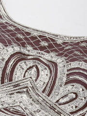 Burgundy Embroidered Net Blouse – Boat Neck – Sequinned