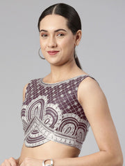 Burgundy Embroidered Net Blouse – Boat Neck – Sequinned