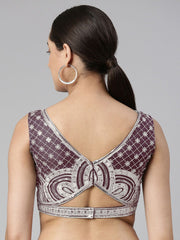 Burgundy Embroidered Net Blouse – Boat Neck – Sequinned