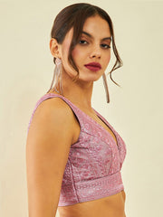 Onion Pink Sleeveless Viscose Rayon Saree Blouse – V-Neck – Sequinned