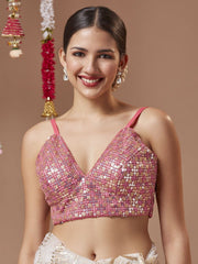 Pink Embellished Georgette Blouse – V-Neck – Readymade