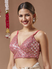 Pink Embellished Georgette Blouse – V-Neck – Readymade